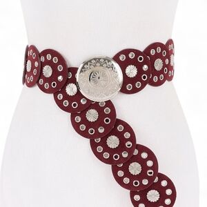 Engraved Round Buckle Studded Burgundy Western Belt